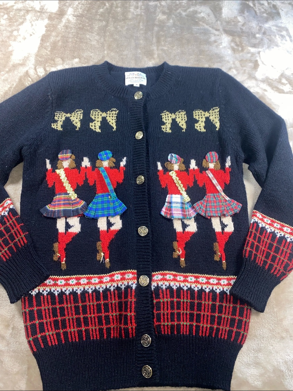 Vintage Susan Bristol Wool Black Knit Cardigan with festive dancers